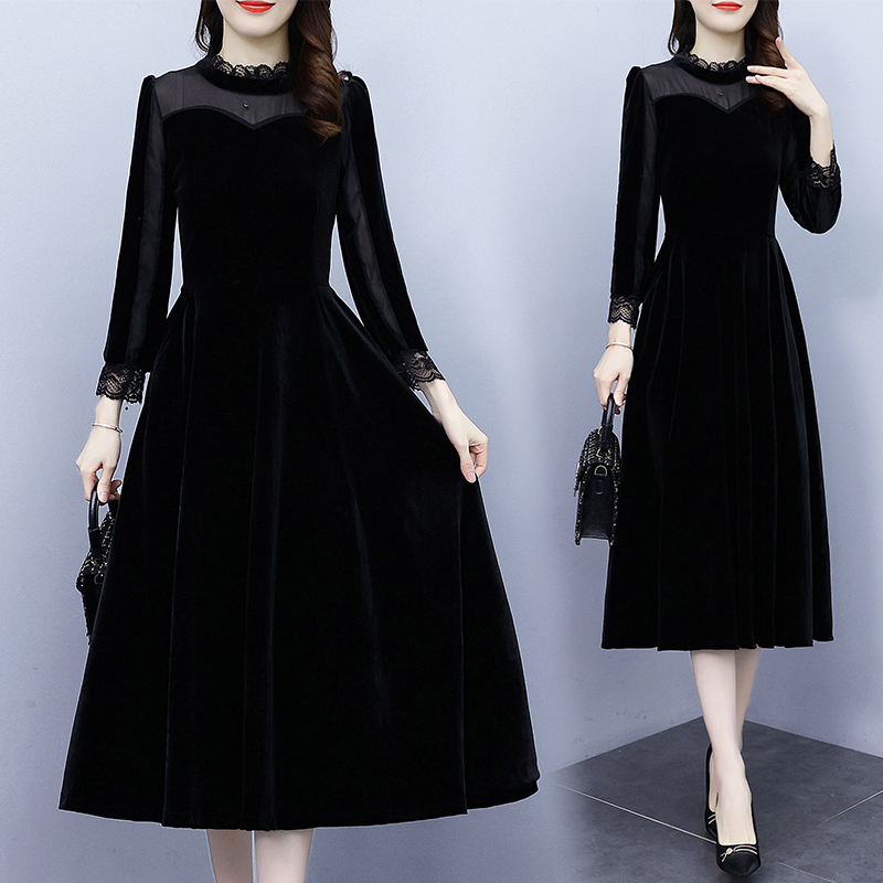 Autumn temperament long sleeve lotus leaf collar pocket dress