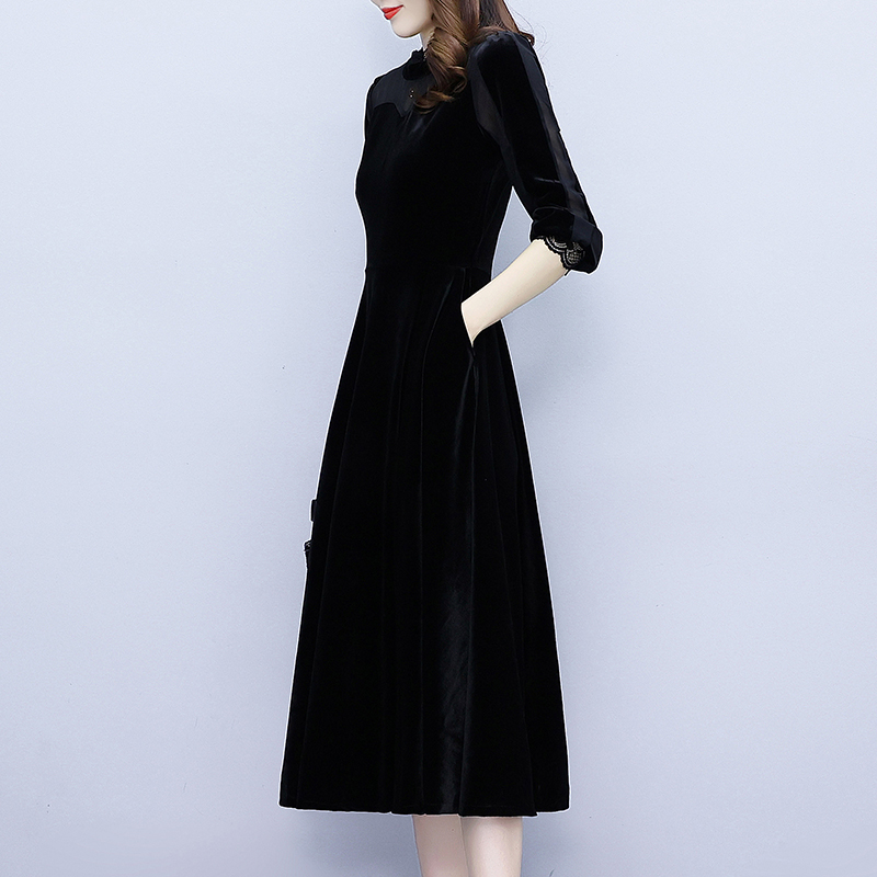 Autumn temperament long sleeve lotus leaf collar pocket dress