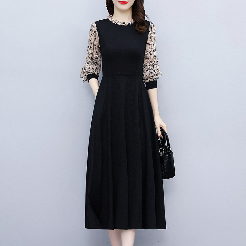 Autumn splice black slim fat Hepburn style long dress