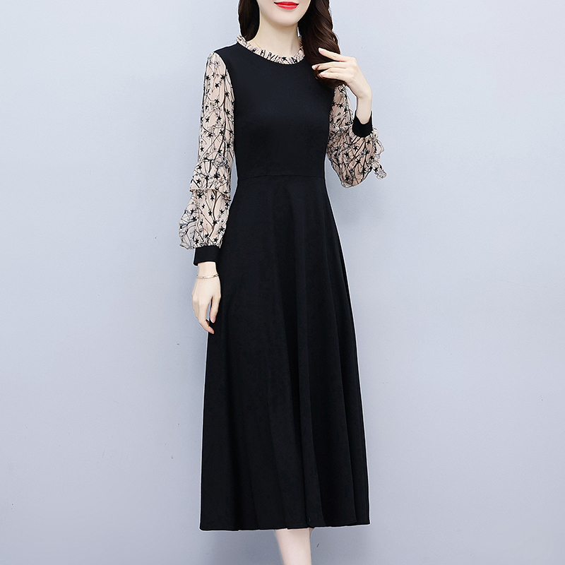 Autumn splice black slim fat Hepburn style long dress