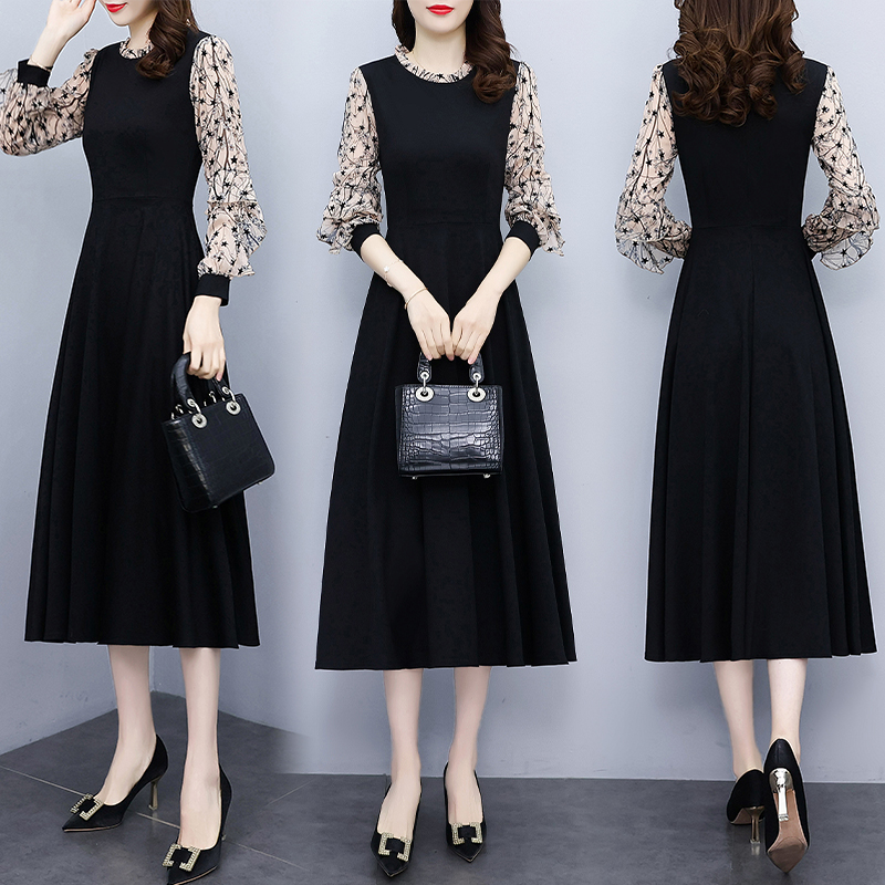 Autumn splice black slim fat Hepburn style long dress