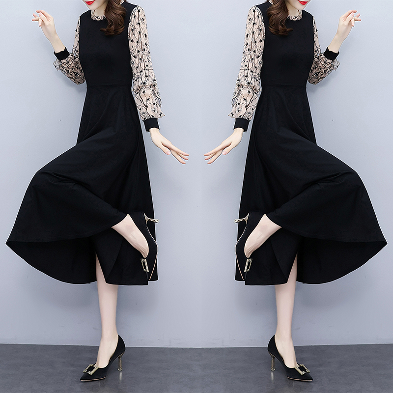 Autumn splice black slim fat Hepburn style long dress