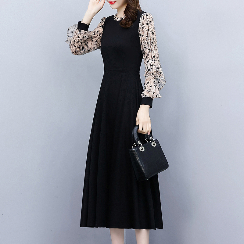 Autumn splice black slim fat Hepburn style long dress