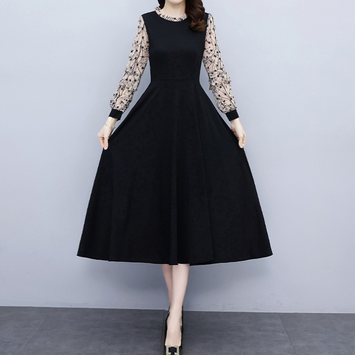 Autumn splice black slim fat Hepburn style long dress