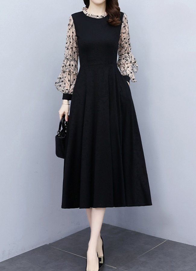 Autumn splice black slim fat Hepburn style long dress