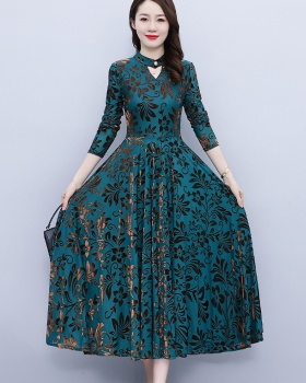 Gauze long sleeve autumn printing beautiful temperament dress