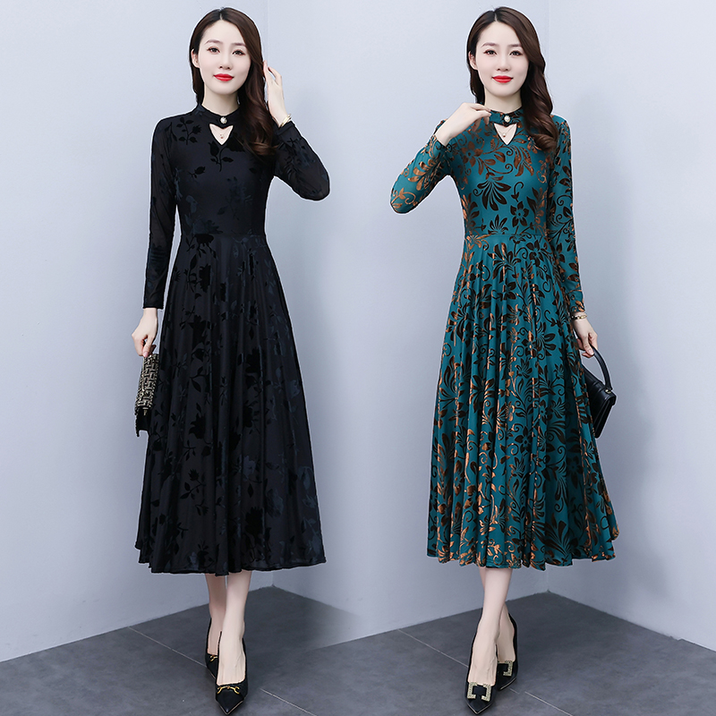 Gauze long sleeve autumn printing beautiful temperament dress