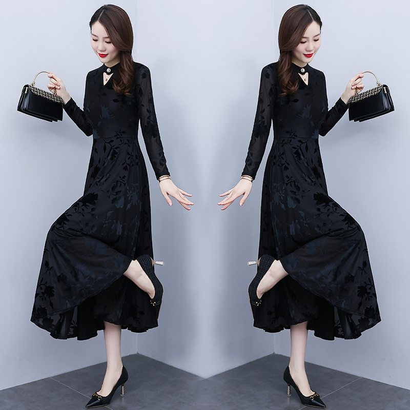 Gauze long sleeve autumn printing beautiful temperament dress