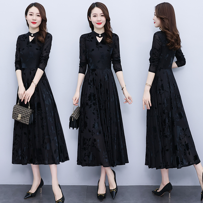 Gauze long sleeve autumn printing beautiful temperament dress