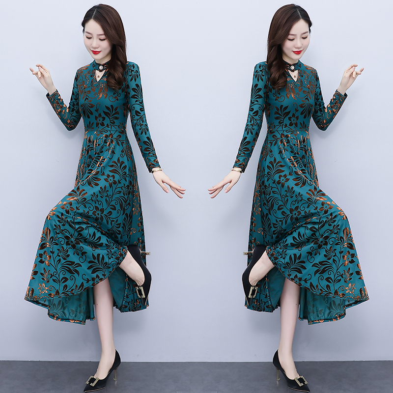 Gauze long sleeve autumn printing beautiful temperament dress