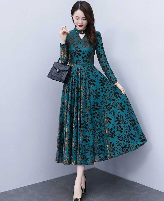 Gauze long sleeve autumn printing beautiful temperament dress