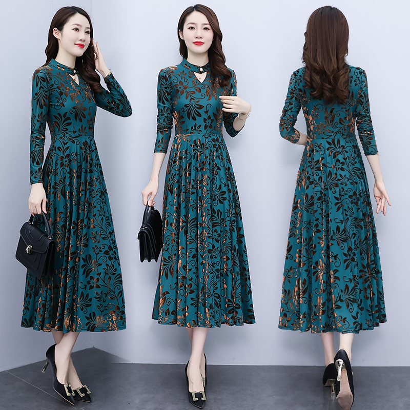 Gauze long sleeve autumn printing beautiful temperament dress