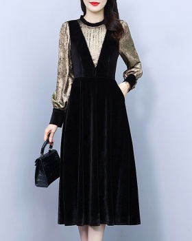 Splice Pseudo-two slim long golden velvet dress for women