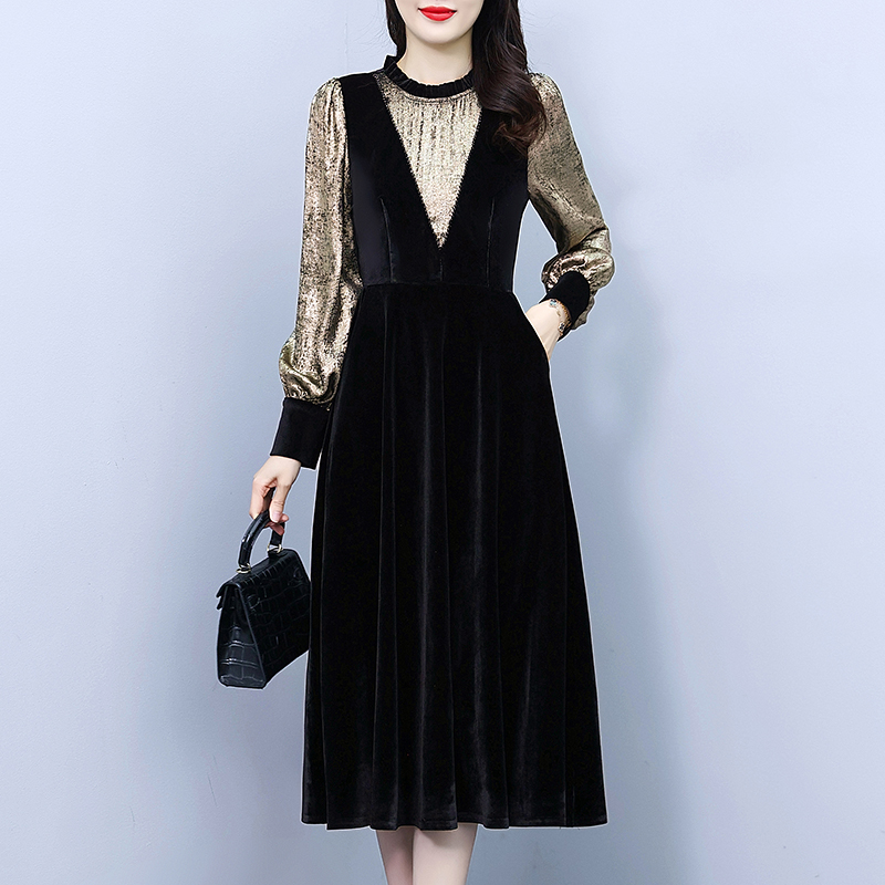 Splice Pseudo-two slim long golden velvet dress for women