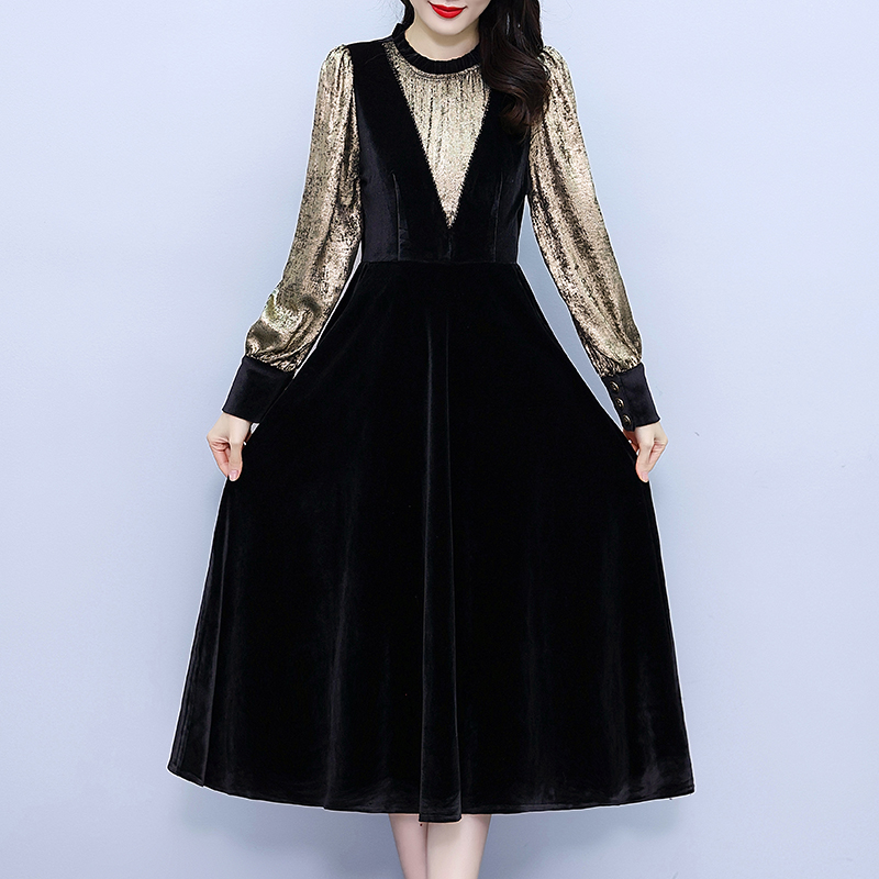 Splice Pseudo-two slim long golden velvet dress for women