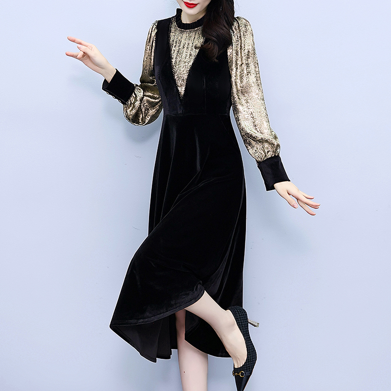 Splice Pseudo-two slim long golden velvet dress for women