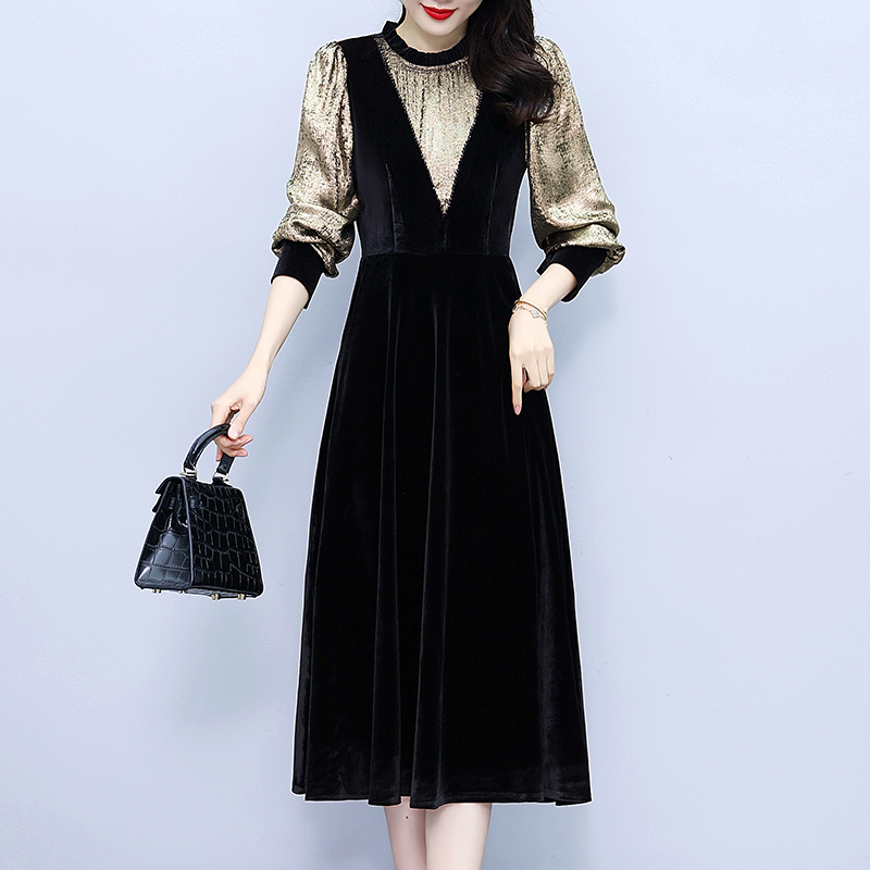 Splice Pseudo-two slim long golden velvet dress for women