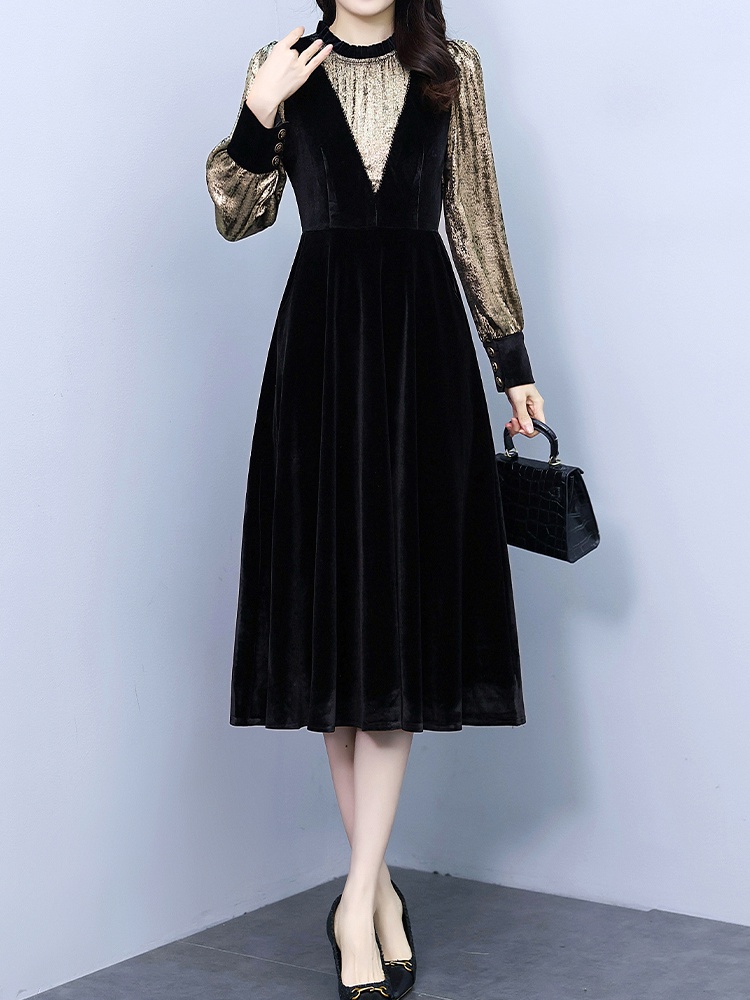 Splice Pseudo-two slim long golden velvet dress for women