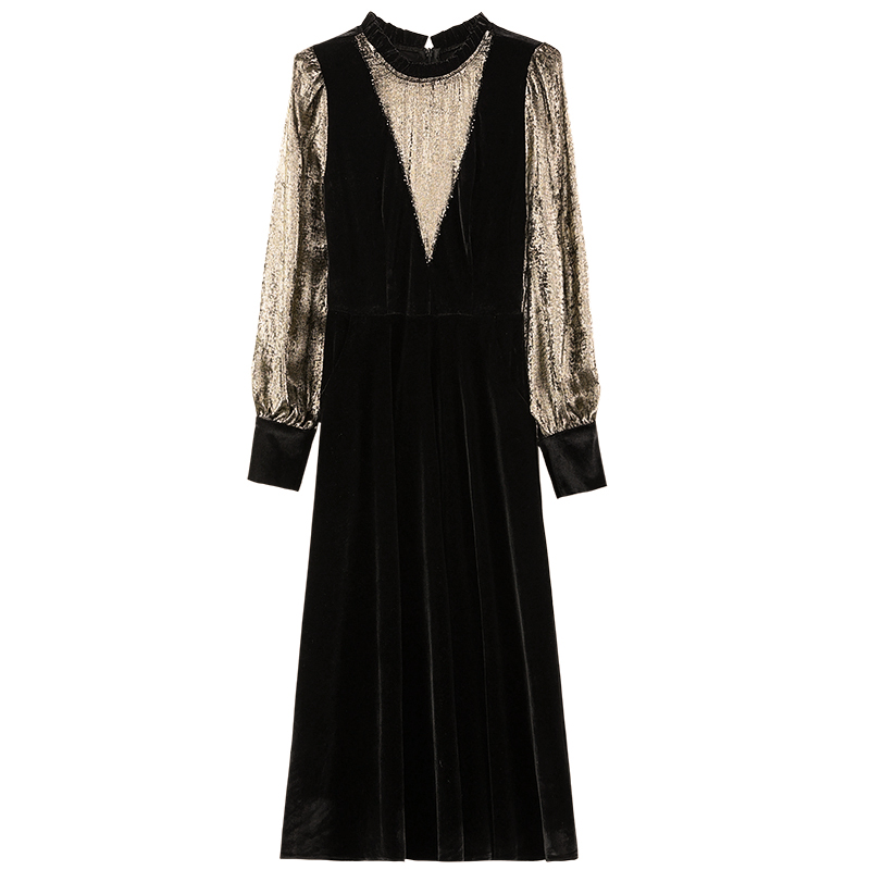 Splice Pseudo-two slim long golden velvet dress for women