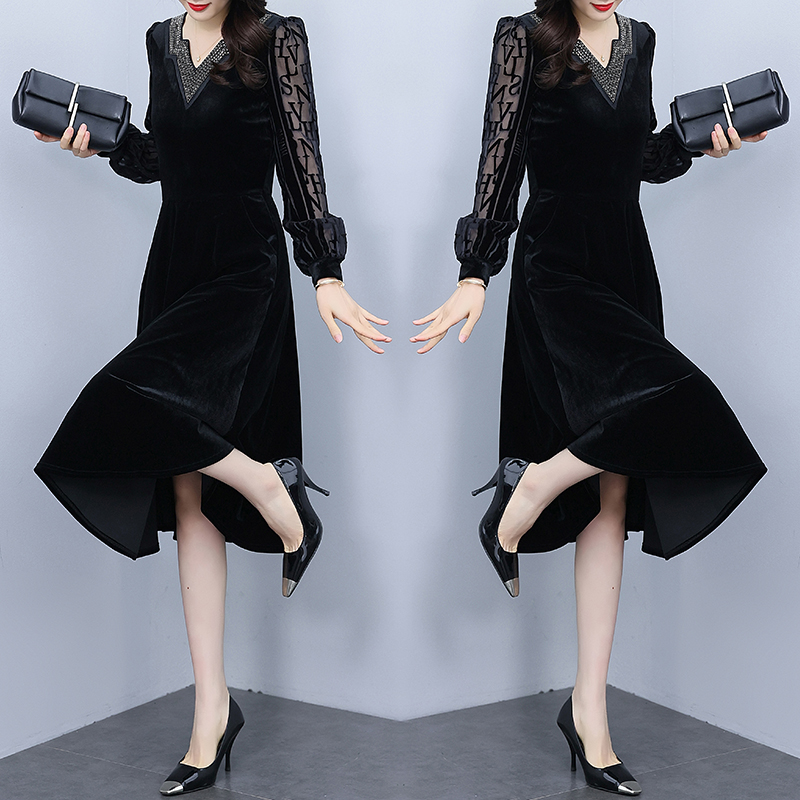 Golden velvet rhinestone autumn long fat long sleeve dress