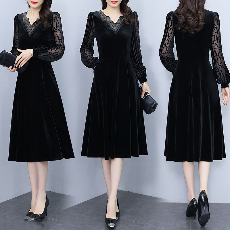 Golden velvet rhinestone autumn long fat long sleeve dress