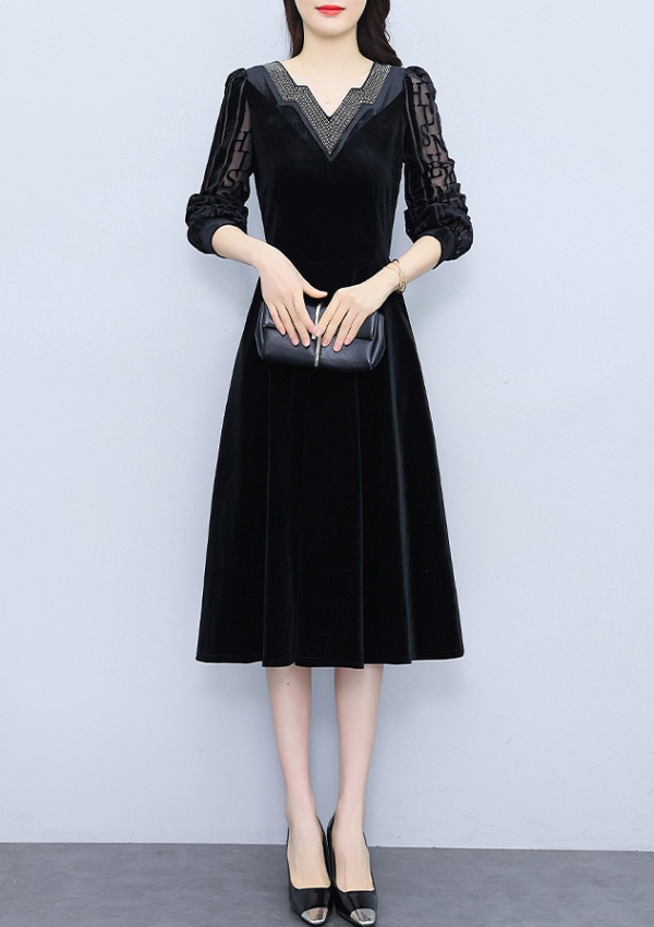 Golden velvet rhinestone autumn long fat long sleeve dress