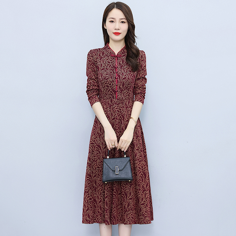 Temperament printing autumn pocket ladies dress