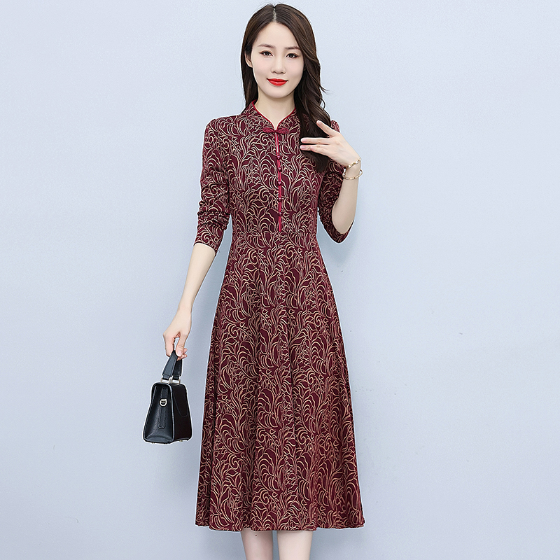 Temperament printing autumn pocket ladies dress