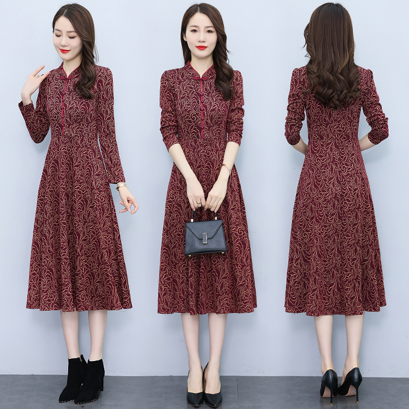 Temperament printing autumn pocket ladies dress