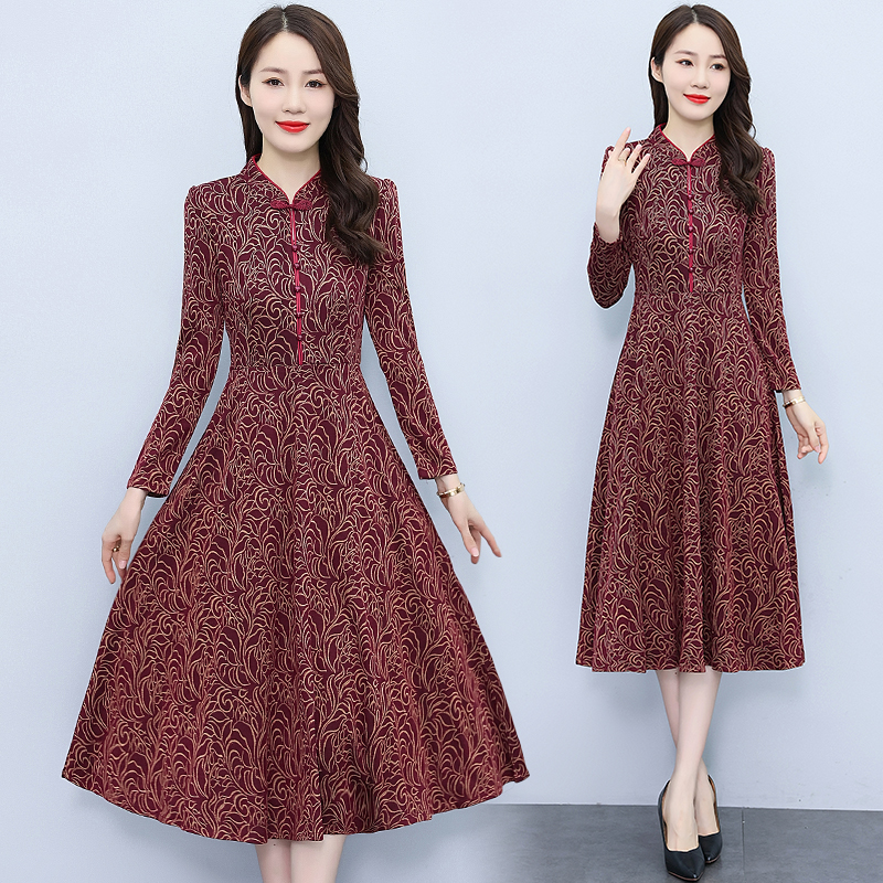 Temperament printing autumn pocket ladies dress