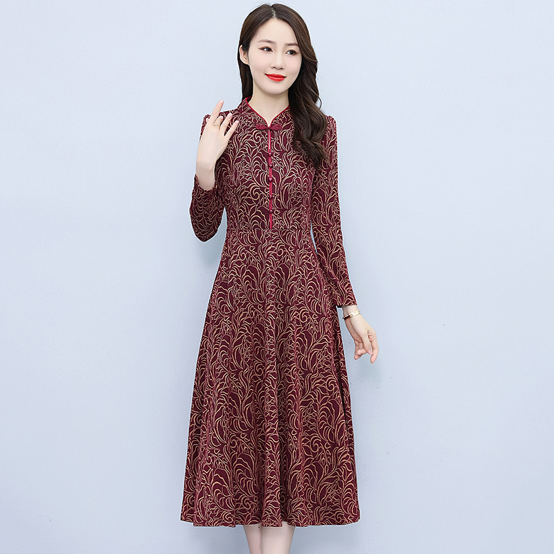 Temperament printing autumn pocket ladies dress