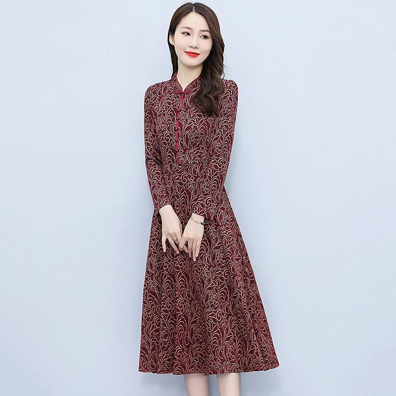 Temperament printing autumn pocket ladies dress