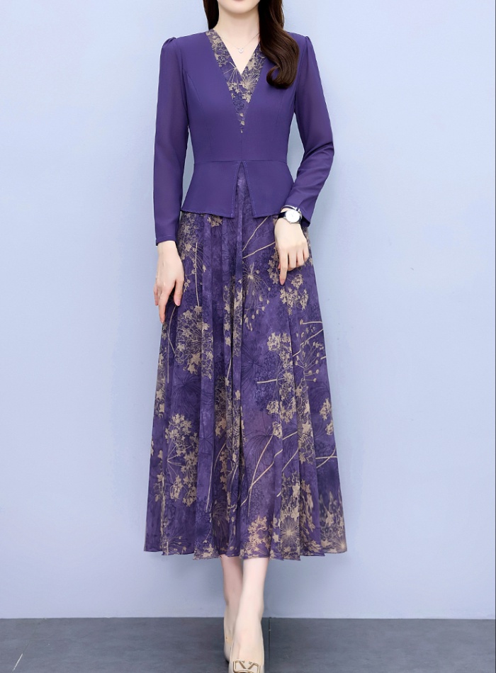 Temperament slim long chiffon Pseudo-two autumn dress