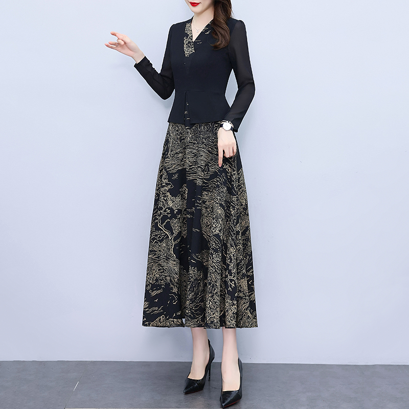 Temperament slim long chiffon Pseudo-two autumn dress