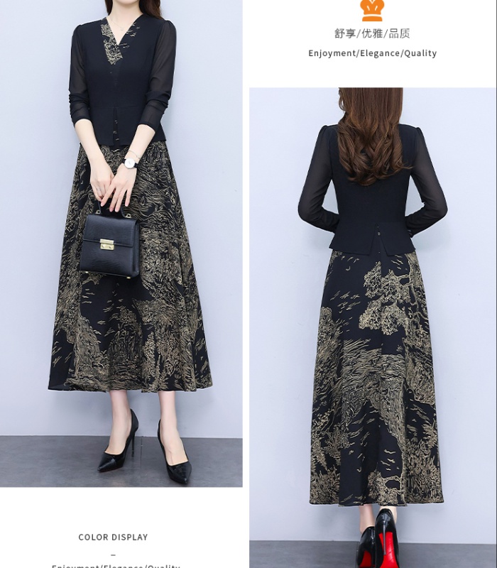 Temperament slim long chiffon Pseudo-two autumn dress