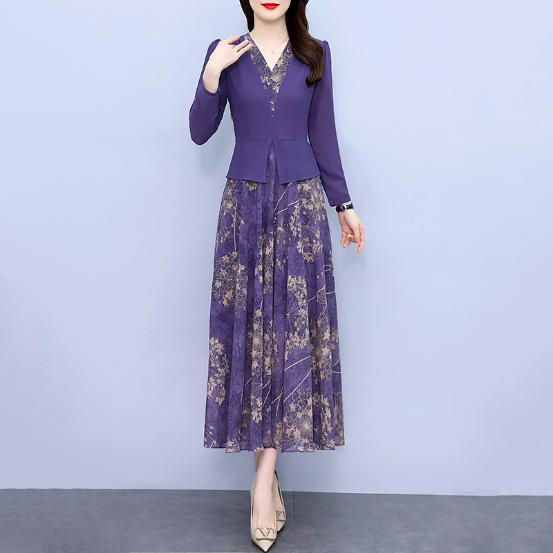 Temperament slim long chiffon Pseudo-two autumn dress