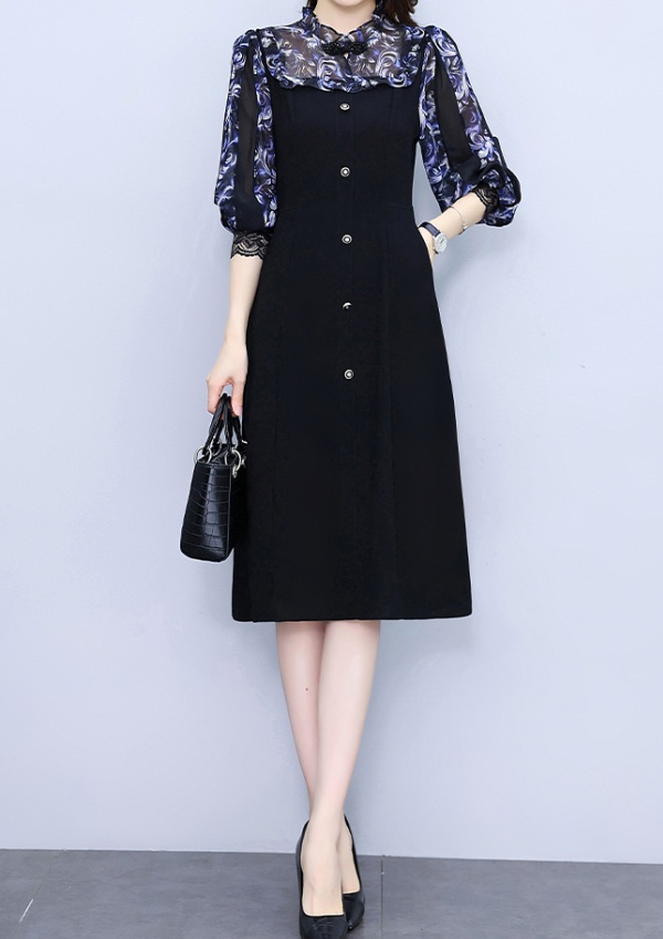 Pseudo-two slim temperament long dress summer splice black dress