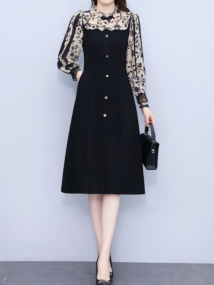 Pseudo-two slim temperament long dress summer splice black dress