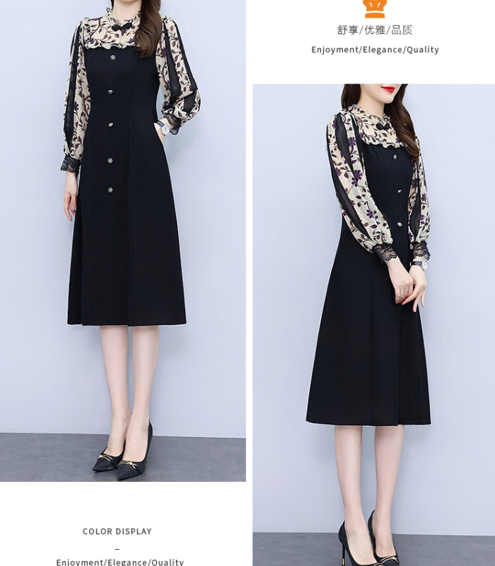 Pseudo-two slim temperament long dress summer splice black dress