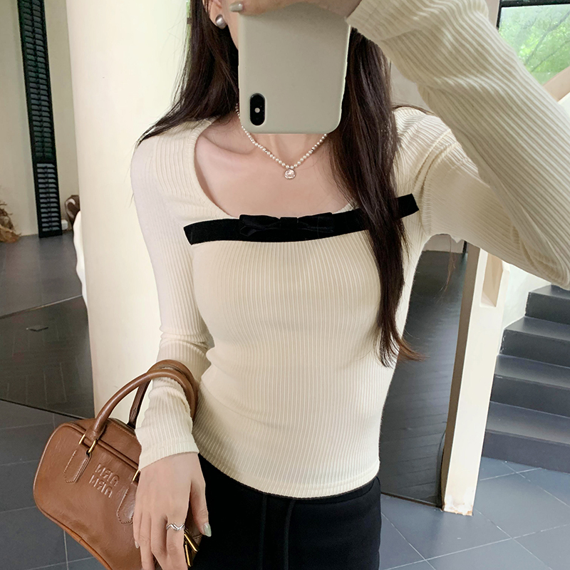 Slim velvet tops bow long sleeve bottoming shirt