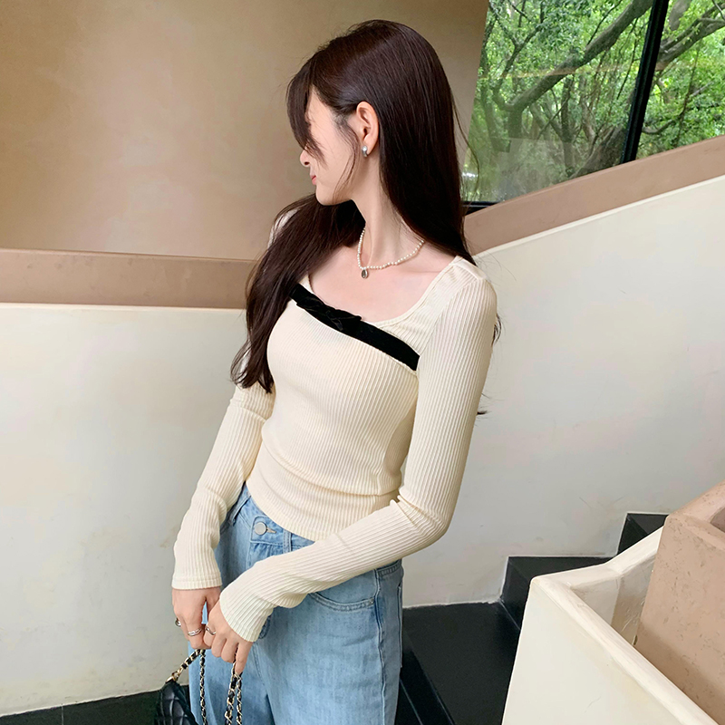 Slim velvet tops bow long sleeve bottoming shirt