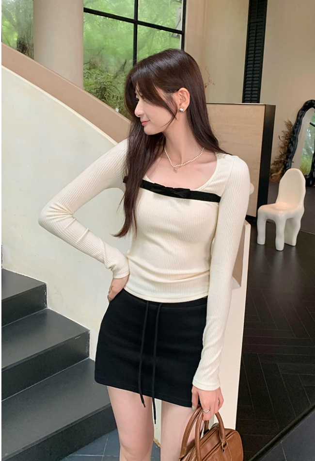 Slim velvet tops bow long sleeve bottoming shirt