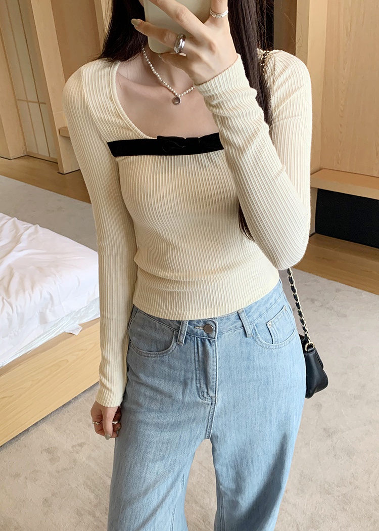 Slim velvet tops bow long sleeve bottoming shirt