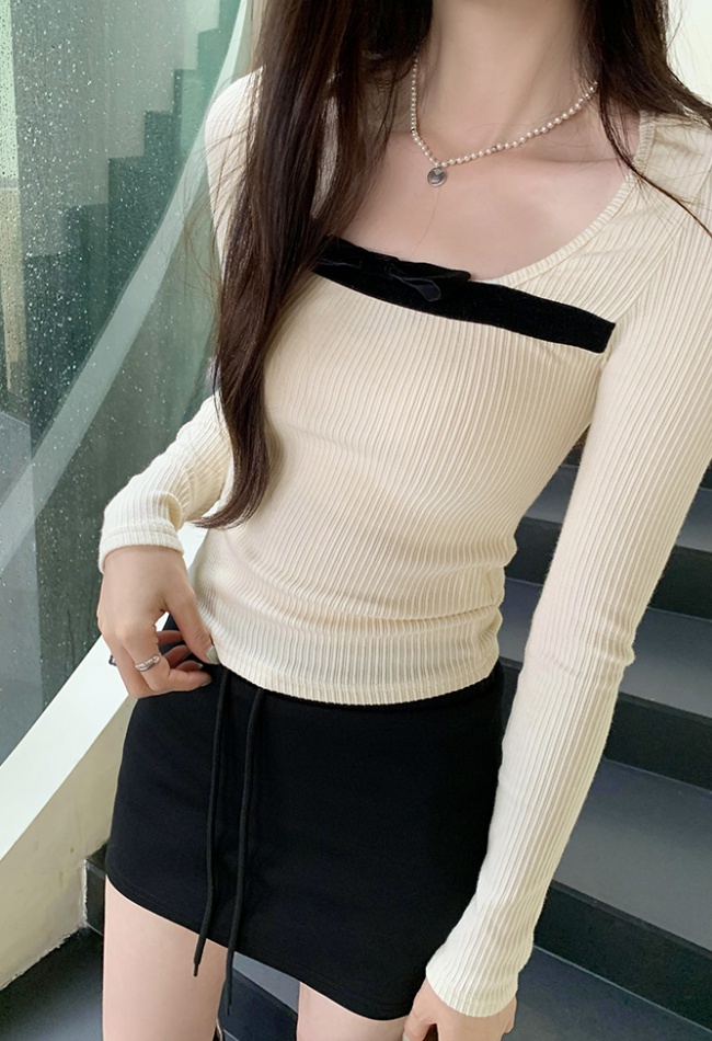 Slim velvet tops bow long sleeve bottoming shirt