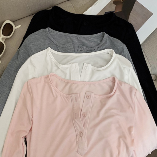 Spring buckle thin T-shirt V-neck slim long sleeve tops