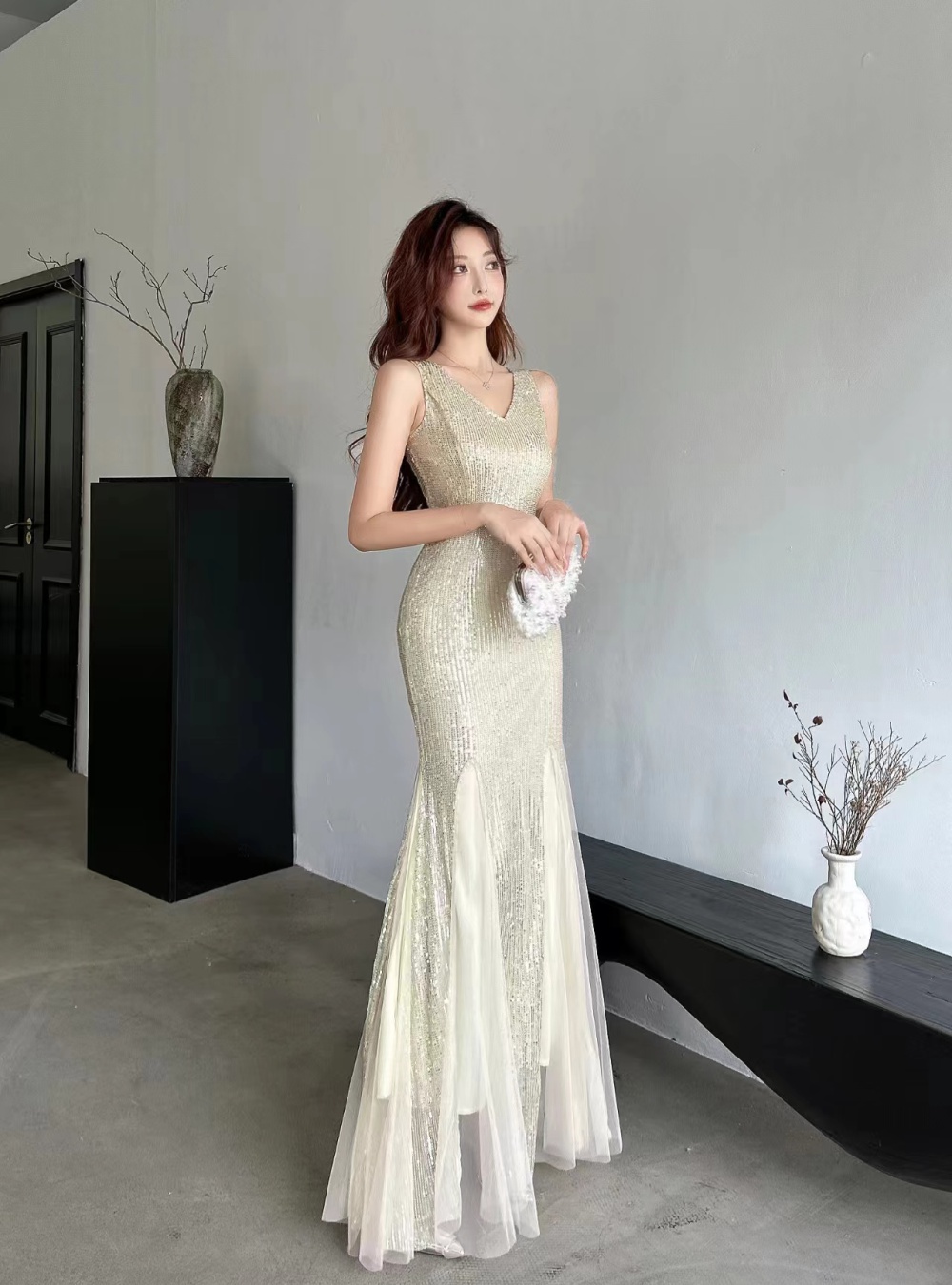 Wedding long bride formal dress autumn party dress