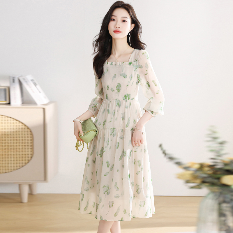 France style temperament dress puff sleeve long dress