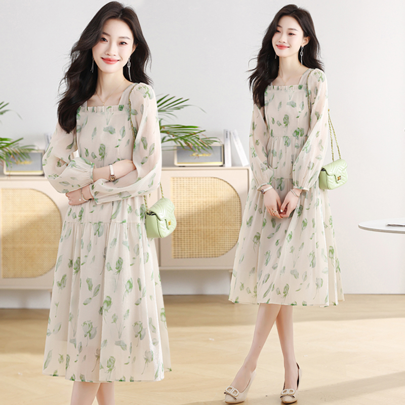 France style temperament dress puff sleeve long dress