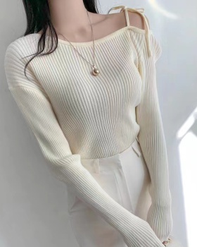 Niche knitted oblique collar frenum strapless retro sweater