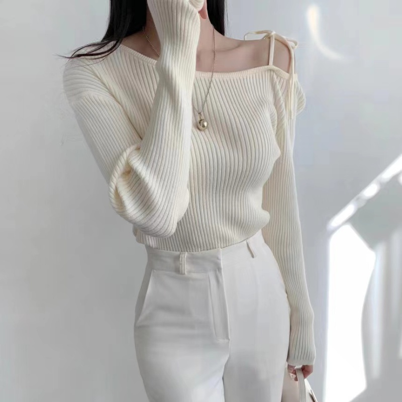 Niche knitted oblique collar frenum strapless retro sweater